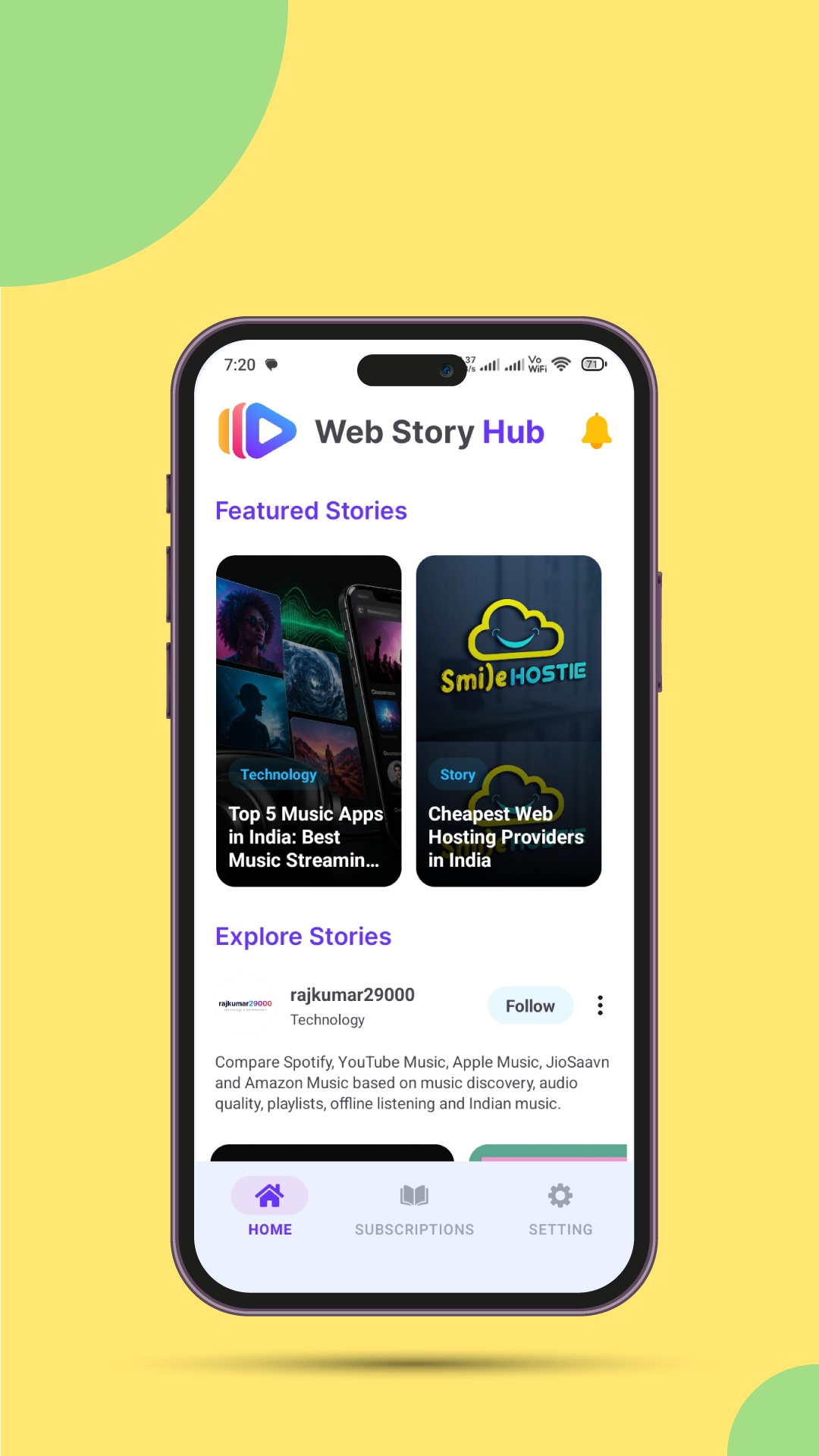 Web Story Hub Explore screen showing story cards