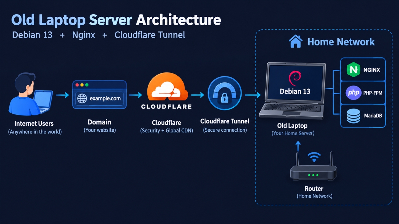 Architecture showing a domain connected through Cloudflare Tunnel to an old laptop running Debian 13, Nginx, PHP and MariaDB